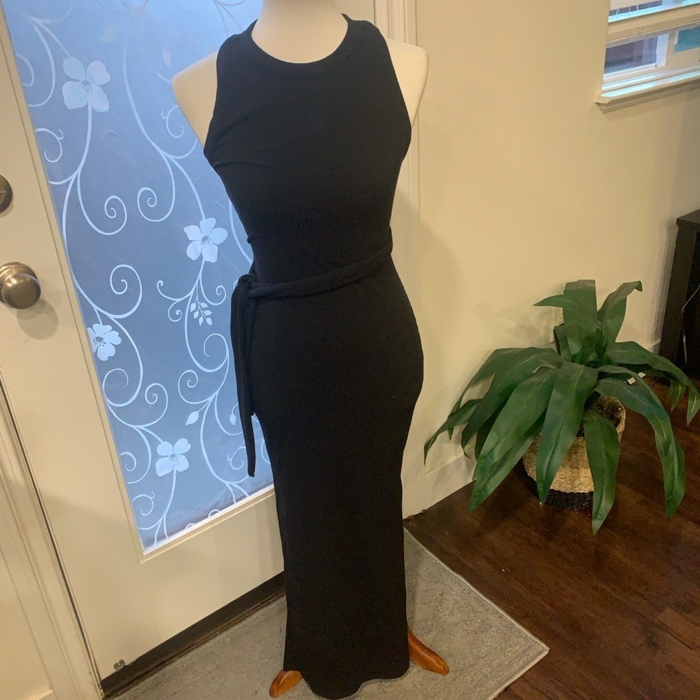 Bar III Black Ribbed Maxi Dress with Waist Tie
